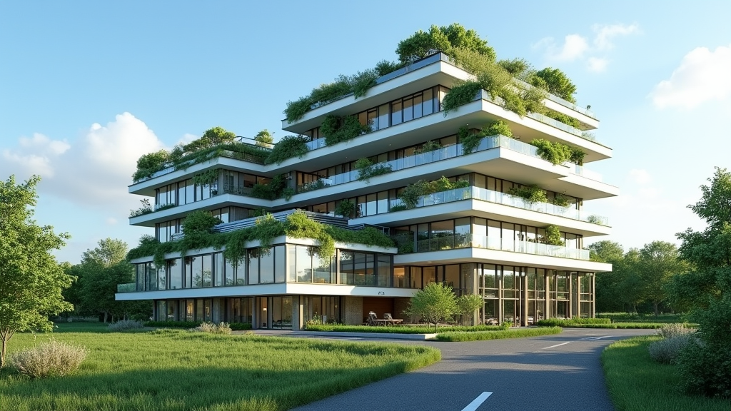 Eco-friendly hotel building with green walls and solar panels